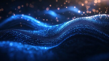 Fototapete - Shimmering Waves of Blue Light with Glowing Particles in Motion
