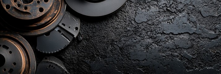 Fototapete - Close-up view of used brake pads and discs resting on a dark, textured surface, featuring space for personalized messaging or branding. Generative AI