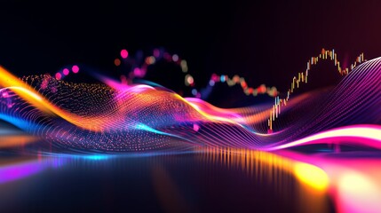 Fototapete - Vibrant Flowing Light Waves with Dynamic Chart Elements