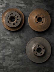 Fototapete - Rusty brake pads and discs are displayed on a dark textured surface, providing ample space for additional text or design elements. Generative AI