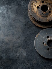 Fototapete - Brake pads and rusty discs are positioned on a dark textured surface, providing a clean area for additional text or product descriptions. Generative AI
