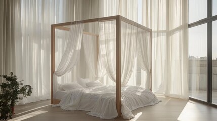 Poster - Elegant Canopy Bed Surrounded by Sheer Curtains in Sunlit Room