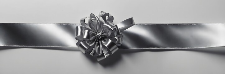 A silver ribbon with a decorative bow, suitable for gift wrapping.