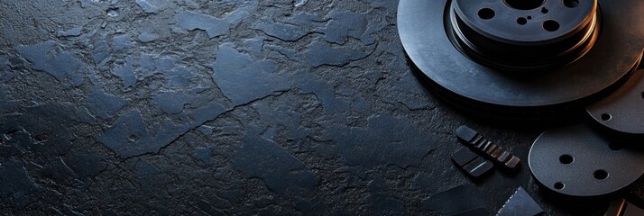 Fototapete - Durable brake pads and discs are arranged on a dark textured surface, leaving ample space for text or branding needs. Generative AI