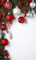 Wall Mural - christmas festive holiday decoration with a border of pine branches, red berries, and various christ