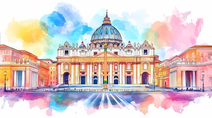 Wall Mural - St peter's basilica in vatican city, flat design, front view, religious heritage theme, watercolor, vivid. Basilica. Illustration