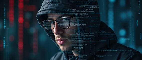 Digital portrait of a hacker with code overlay, representing technology and data.