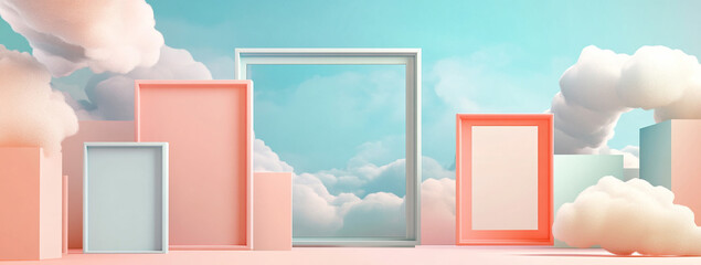 A series of empty picture frames on an isolated background, representing different sizes and shapes for showcasing photos or artwork