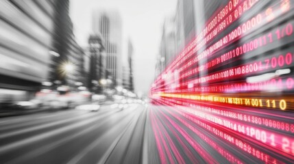 Poster - Abstract Cityscape with Dynamic Currency Data Overlaid in Vibrant Streaks