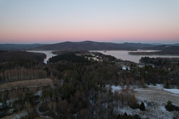 Wall Mural - View from the drone of Polańczyk, Lake Solina and the Bieszczady Mountains.