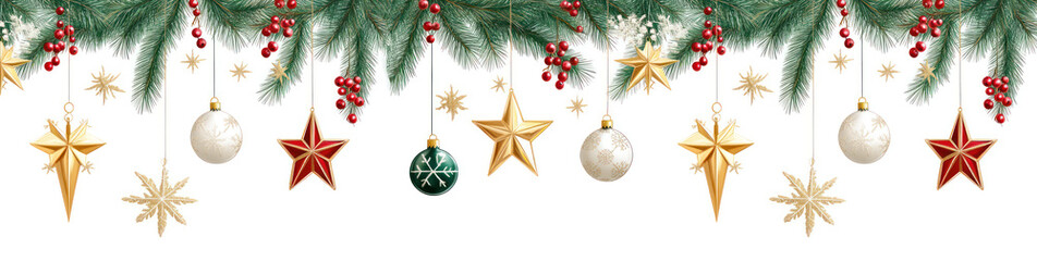 Wall Mural - christmas festive holiday decoration with a border of pine branches, red berries, and various christ