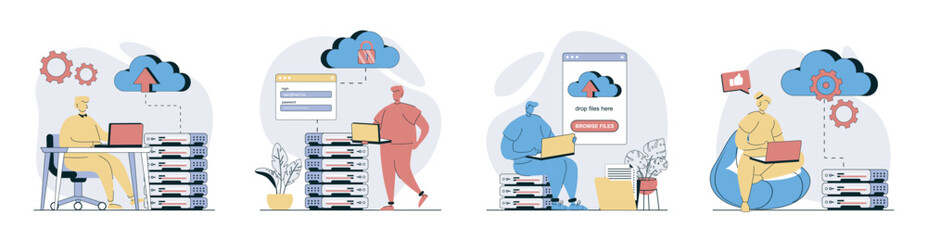 Fototapete - Cloud computing concept set in flat design for web. Collection with people using cloud processing, making sync and data backup with online files storage, sharing and download. Vector illustrations.