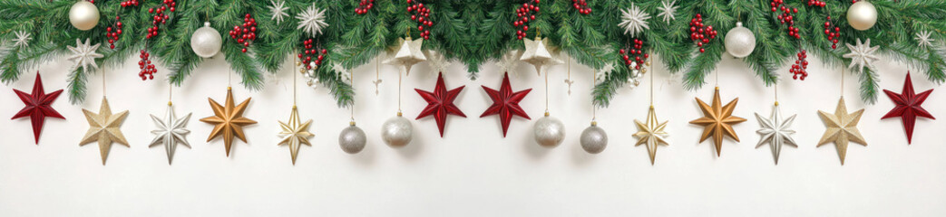 Wall Mural - christmas festive holiday decoration with a border of pine branches, red berries, and various christ