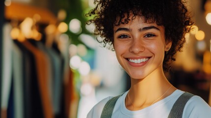 The hopeful smile of a young entrepreneur launching a social enterprise for sustainable fashion, Symbolizing innovation in eco-friendly businesses, photography style