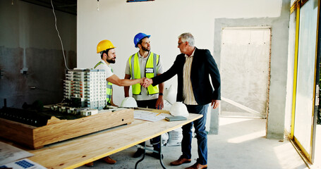 Aufkleber - Architecture, handshake and model with people on construction site for building, teamwork and real estate deal. Engineer, contract and property developer with employee for contractor and renovation