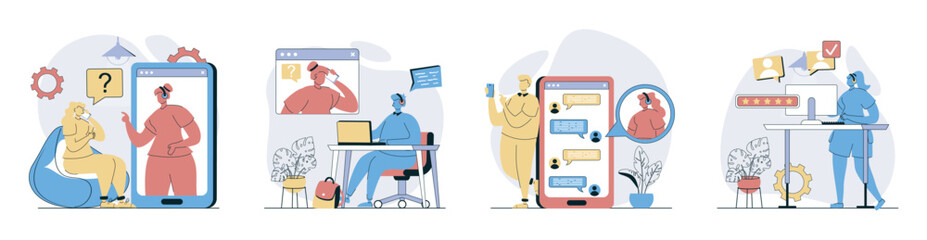 Aufkleber - Customer service concept set in flat design for web. Collection with people answering clients video calling, chatting online and consulting at helpline, solving tech problems. Vector illustrations.