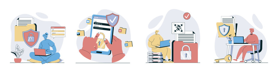 Poster - Cyber security concept set in flat design for web. Collection with people using account passwords to protect data, saving documents and personal profiles with firewall service. Vector illustrations.