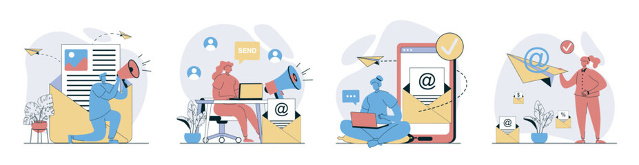 Leinwandbilder - Email marketing concept set in flat design for web. Collection with people sending promo information letters to mail boxes, making advertising campaign with online messages. Vector illustrations.