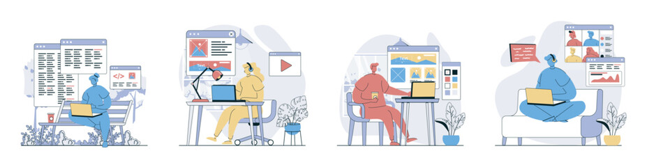 Wall Mural - freelance working concept set in flat design for web. collection with people working remotely from h