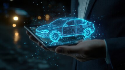 Wall Mural - Holographic car model displayed on a tablet device.