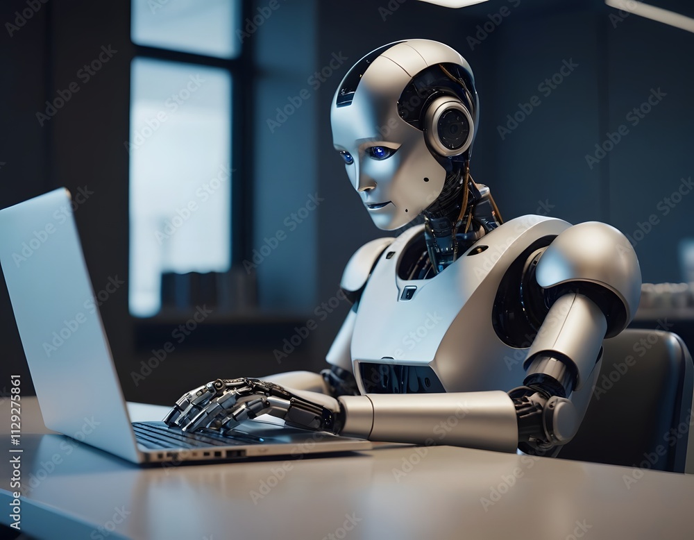 A Futuristic humanoid shining robot working on the laptop in the office ...