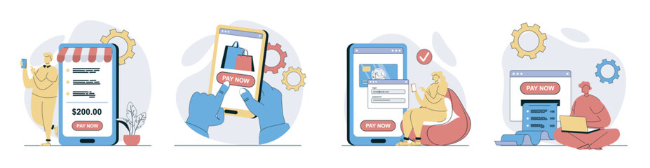 Aufkleber - Online payment concept set in flat design for web. Collection with people getting digital bill form at paying by purchases, making financial transactions in mobile app. Vector illustrations.