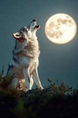 Wall Mural - Wolf howling at moon