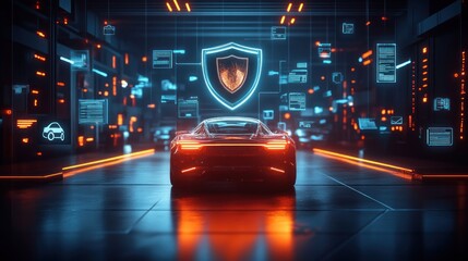 Wall Mural - Futuristic car in a digital environment with security focus.