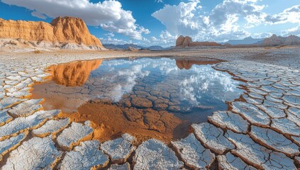 Wall Mural - In the arid terrain, the cracked ground with scarce water sources illustrates the severe effects of drought and global warming. A limited water pool amidst the hostile environment highlights the