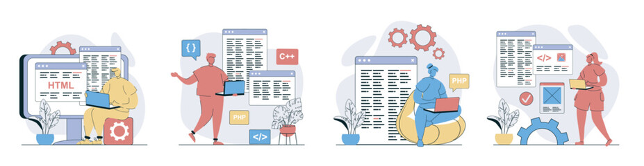 Leinwandbilder - Programmer working concept set in flat design for web. Collection with people programming at different computer languages, creating code at screens, developing new it products. Vector illustrations.