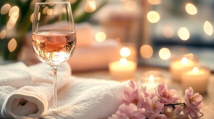 Poster - Relaxation unfolds with a glass of wine next to fresh flowers and glowing candles, creating an immersive aromatherapy atmosphere. Soft lighting enhances the peaceful ambiance for rejuvenation.