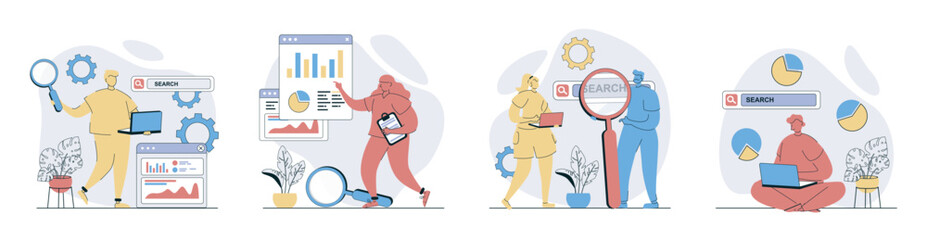 Poster - Seo analysis concept set in flat design for web. Collection with people analyzing site data statistic and graphs on screen, making optimization for increasing traffic and rating. Vector illustrations.