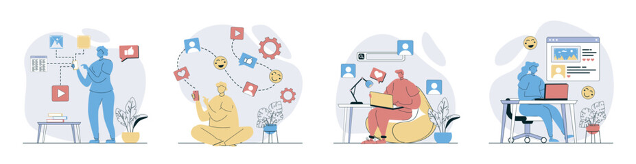Poster - Social network concept set in flat design for web. Collection with people connecting online with internet friends, sharing photos and videos, making online posts, browsing feeds. Vector illustrations.