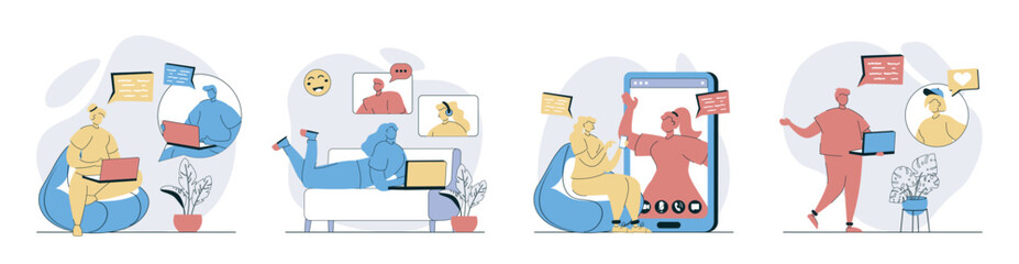 Leinwandbilder - Video chatting concept set in flat design for web. Collection with people connecting online, calling in zoom screens, networking, talking and discussing with internet friends. Vector illustrations.