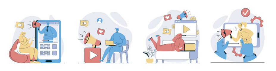 Aufkleber - Video marketing concept set in flat design for web. Collection with people with megaphones creating promo videos, posting content with advertising and attracting new followers. Vector illustrations.