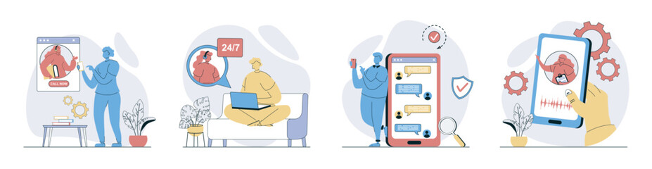 Poster - Virtual assistant concept set in flat design for web. Collection with people calling to online operator and get help, chatting with ai bots, talking with voice assistance app. Vector illustrations.