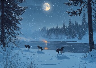 Wall Mural - wolves on the shore of the frozen lake, snowy winter