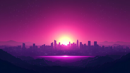 Wall Mural - Skyline graphic design. digital illustration. halo wallpaper. dark violet background with luminous shining light glare horizon line lens flare. Horizon. Illustration