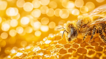 Sticker - Extreme macro shot of a bee covered in pollen on a honeycomb surface with a golden bokeh background