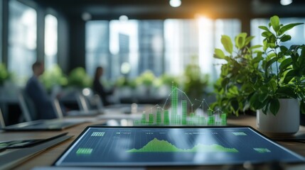 Poster - In a contemporary office setting, professionals engage with advanced technology showing green finance data. Lush plants enhance the atmosphere, highlighting a focus on sustainability and innovation.
