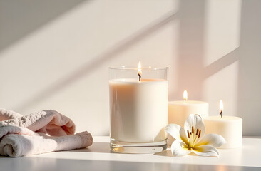 candle with a see thru glass vessel and white wax inside on a white surface near the wall, light strips on the wall, a soft towel and a lily flower 