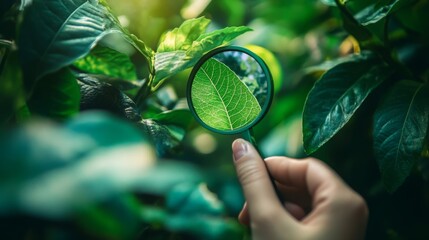 Poster - A hand holds a magnifying glass focused on a green leaf, showcasing the intricate details of nature. Surrounding foliage emphasizes themes of sustainability and environmental responsibility.