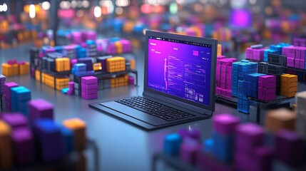 A company utilizing blockchain technology to manage colorful inventory at a modern warehouse