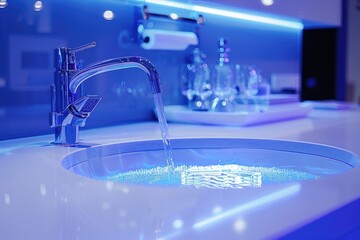 Wall Mural - A close-up view of a bathroom sink with water flowing from the faucet, ideal for use in illustrations about personal hygiene or household scenes