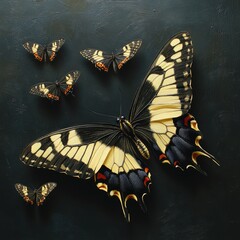 Poster - A group of colorful butterflies perched on a dark, sleek surface