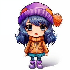 Chibi Girl Character in Brown Winter Coat and Purple Hat