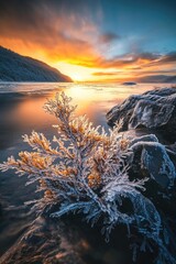 Wall Mural - snow-covered tree on rocky outcrop