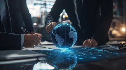 Poster - Professionals engage in collaborative discussions about ai advancements and sustainable finance strategies at a contemporary office. The focus is on a glowing digital globe symbolizing global impact.