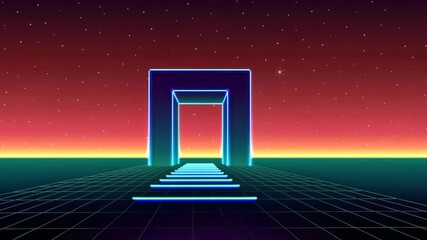Wall Mural - neon 80s styled massive gate in retro game landscape with shiny road to the future