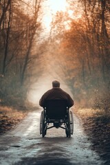 Poster - Person in wheelchair traversing autumnal path.